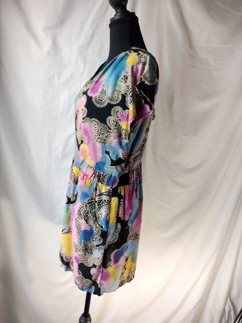 Angie Boho Mini Dress with Pastel Pink, Blue & Yellow Print